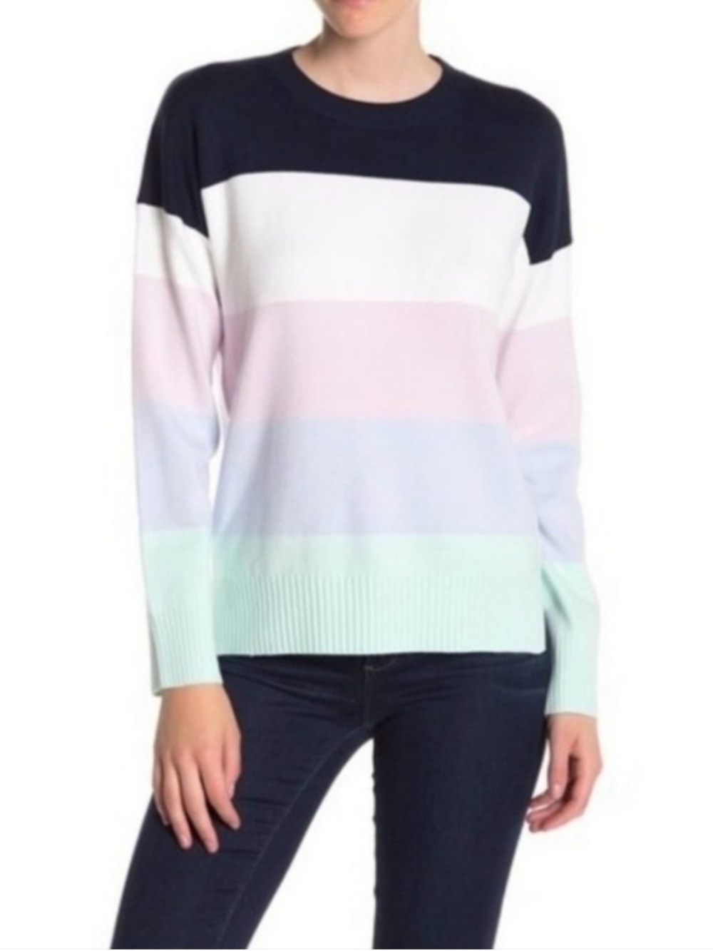 French Connection Navy, White & Pastel Stripe Crewneck Sweater